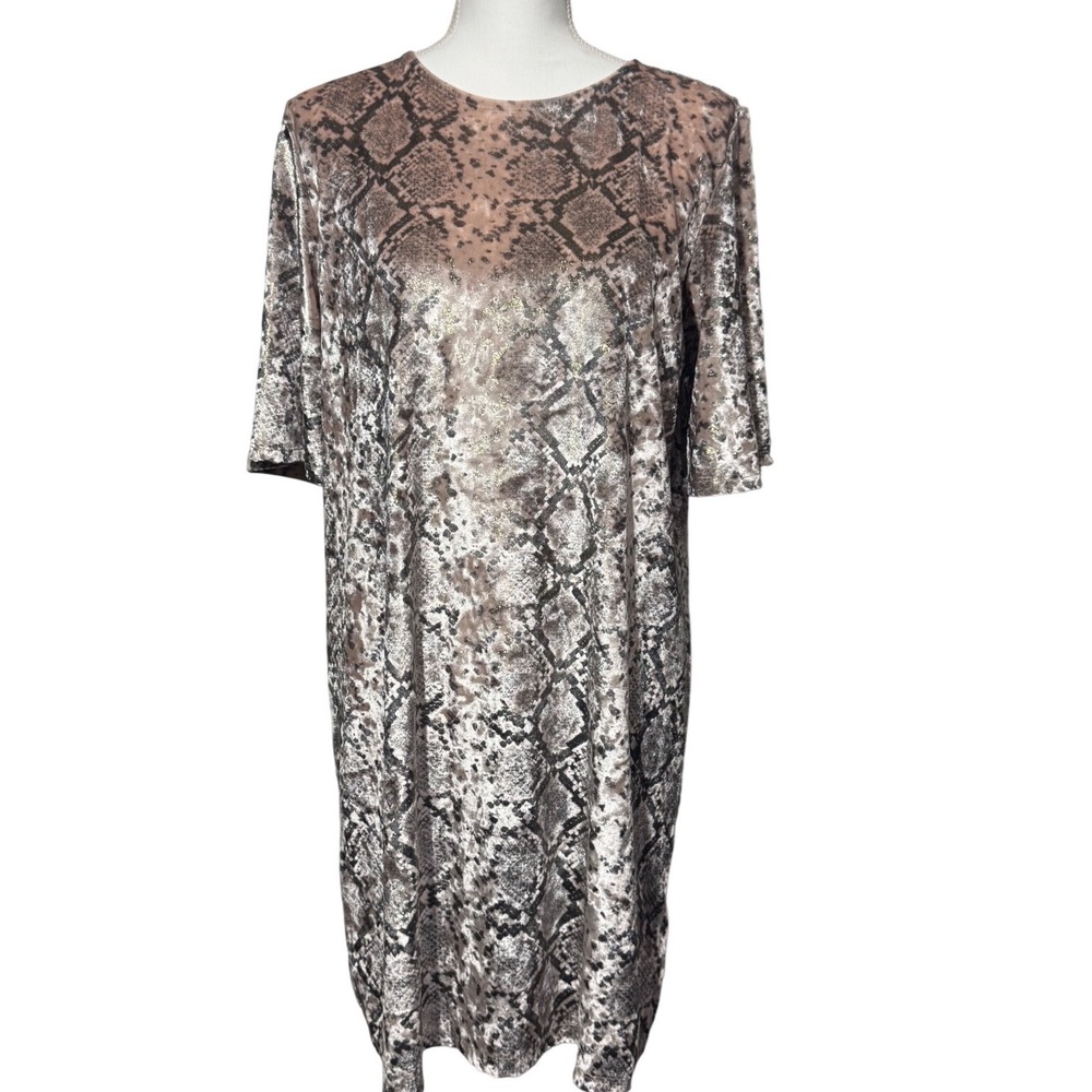 Cherish Snakeskin Velvet Shift Dress Taupe Grey Animal Print